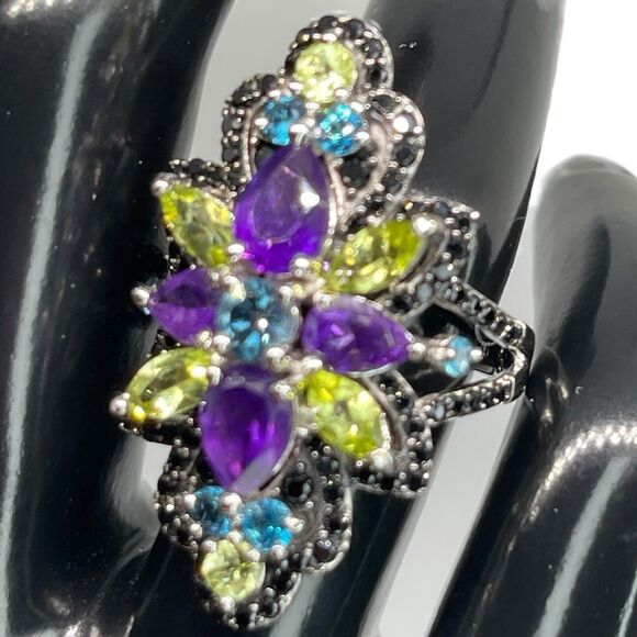 LUXY Gems Natural Topaz Amethyst Peridot Spinel Sterling Silver Ring Luxury Sz 7 - Picture 13 of 16